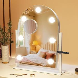 S'bagno Arched Vanity Mirror with Lights, 7 Dimmable LED Bulbs Hollywood Mirror, 3 Color Modes & Memory Function Makeup Mirror with Lights, Detachable 10X Magnification, Touch Control,USB-A(15''x12'')