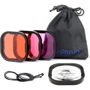 SOONSUN 4-Pack Underwater Dive Filters for GoPro Hero 13 12 11 10 9 8 Black Color Correction Filters with Red, Light Red, Magenta, 5X Macro Close-up Lens Only for Official GoPro Waterproof Housing