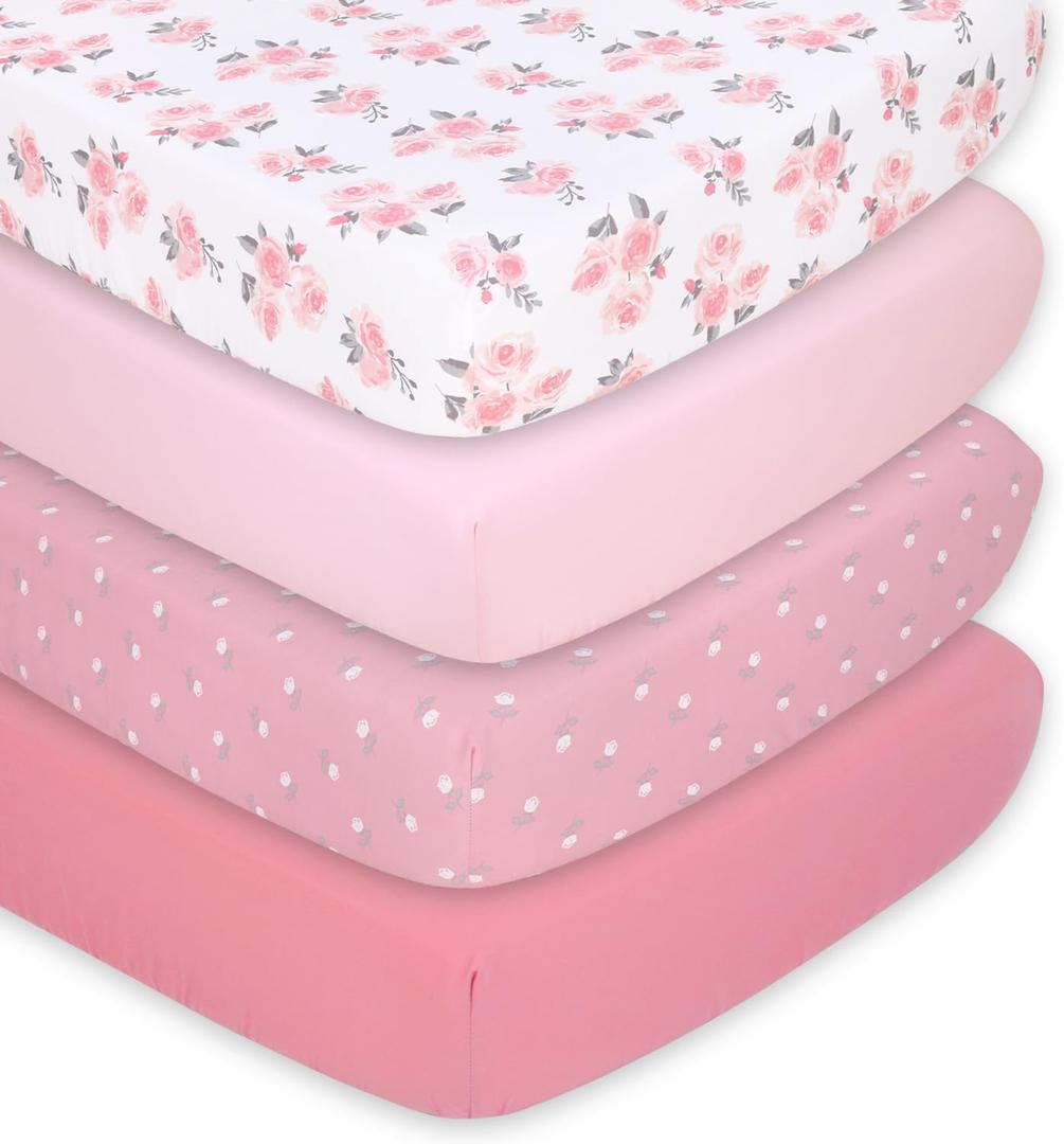 The Peanutshell 4-Pack Fitted Crib Sheet Set - Super Soft & Breathable Baby Girl Crib Sheets, Nursery Decor, Fit for Standard Mattress Cover- Floral