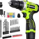 12V Green Cordless Drill Kit, Home DIY, 2 Batteries & Fast Charger, Compact, 2-Speed, 3/8" Keyless Chuck, 24+1 Torque, LED Light for Wood and Metal