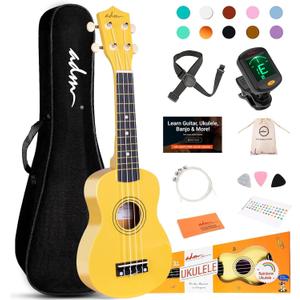 ADM Ukulele for Beginners Hawaiian Wood Ukelele Kit for Kids Adult Student Starter Professional Ukalelee Pack Bundle with Free Lessons Gig Bag Strap Nylon String Tuner (Baby Yellow, 21 Inch)