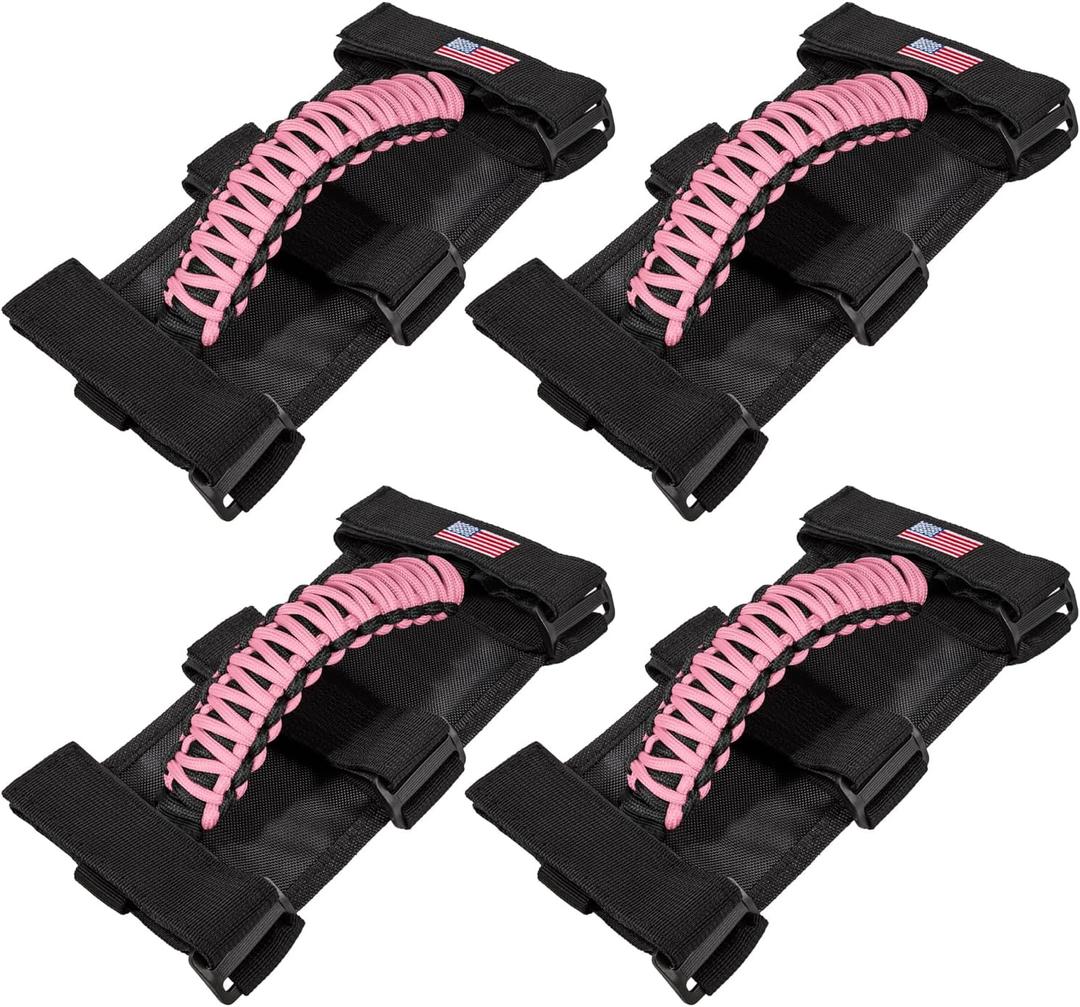 4 x Roll Bar Grab Handles Grip Handle for Jeep Wrangler JK JKU JL JLU TJ YJ Sport Sahara Freedom Rubicon Unlimited Gladiator JT 1955-2023 UTV ATV Premium Paracord Interior Accessories US Flag (Pink)