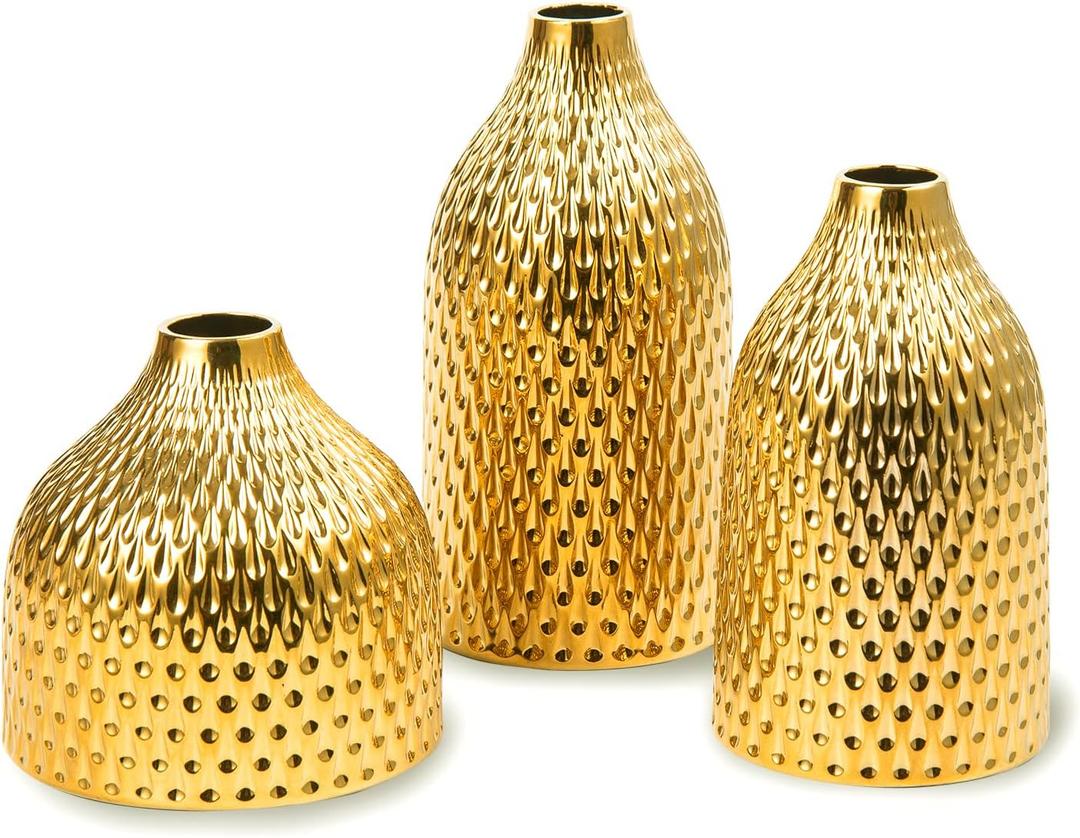 Ceramic Vase Set - 3 Small Vases, Luxurious Home Decor, Great for Centerpieces; Ideal Shelf Dcor, Table Dcor, Bookshelf, Mantle, Entryway- Gold
