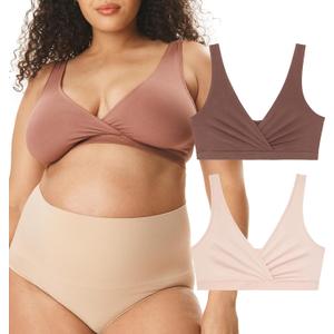 Motherhood Maternity Women's Soft Cotton Spandex Wrap Front Maternity & Nursing Sleep Bralette Bra S-3x (XX-Large, Porcelain Pink/Nutmeg 2 Pack)
