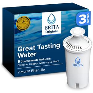 Brita Standard Water Filter for Pitchers and Dispensers, BPA-Free, Reduces Copper, Cadmium and Mercury Impurities, Lasts Two Months or 40 Gallons, Includes 3 Filters for Pitchers