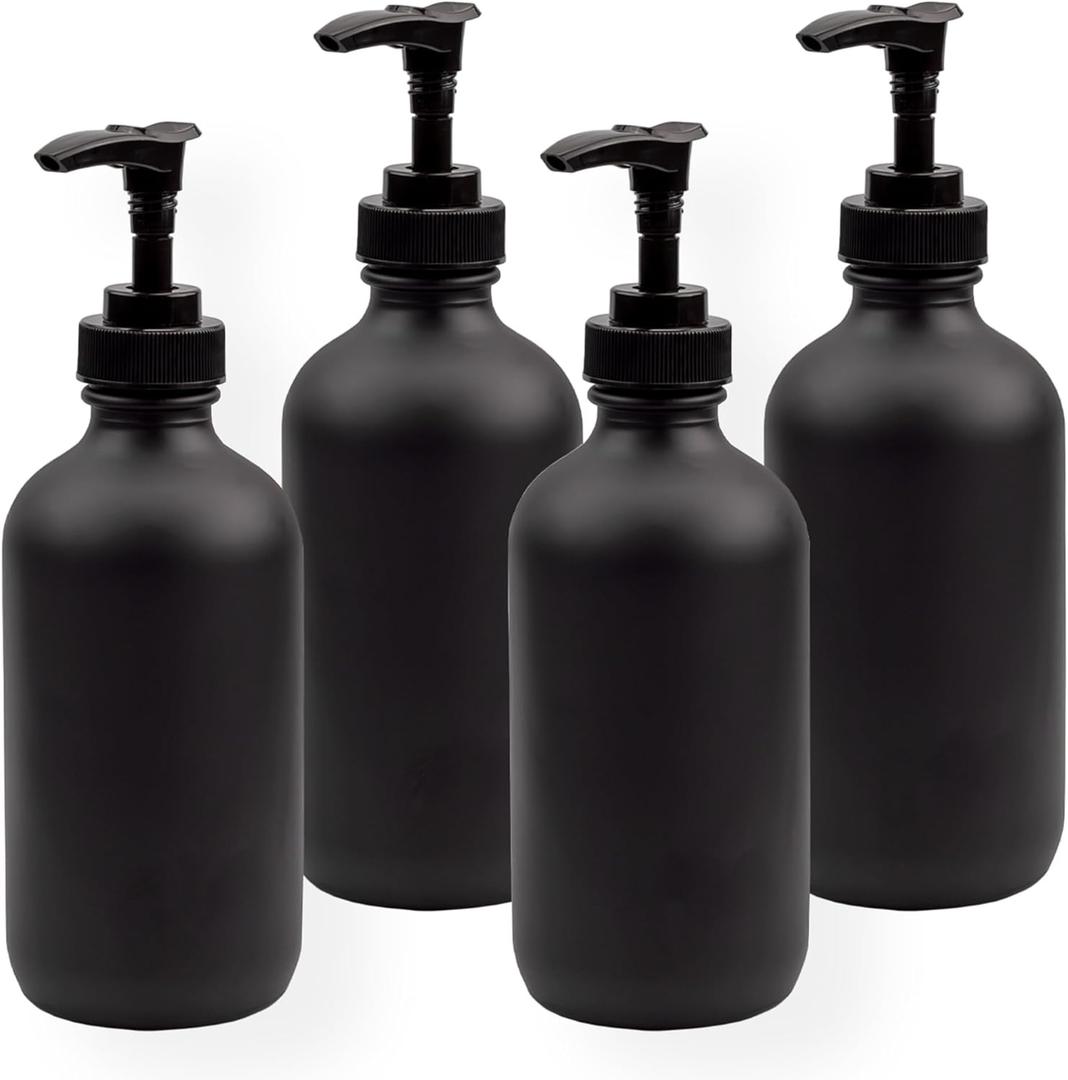 Cornucopia Brands Black Coated 8-Ounce Glass Pump Bottles (4-Pack), Great for Lotions, Liquid Soap, Aromatherapy and More