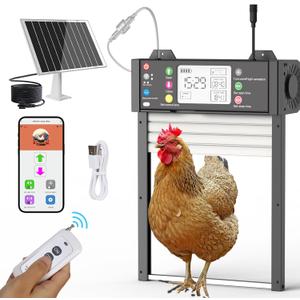 Automatic Chicken Coop Door Solar Powered 5 Modes Chicken Door with WiFi - Tuya APP, Detachable Magnetic LCD Display with USB Port Light Sensor & Timer Waterproof Anti-Pinch Chicken Door with Remote (10.2"L x 4.7"W x 15.3"H, Blcak)