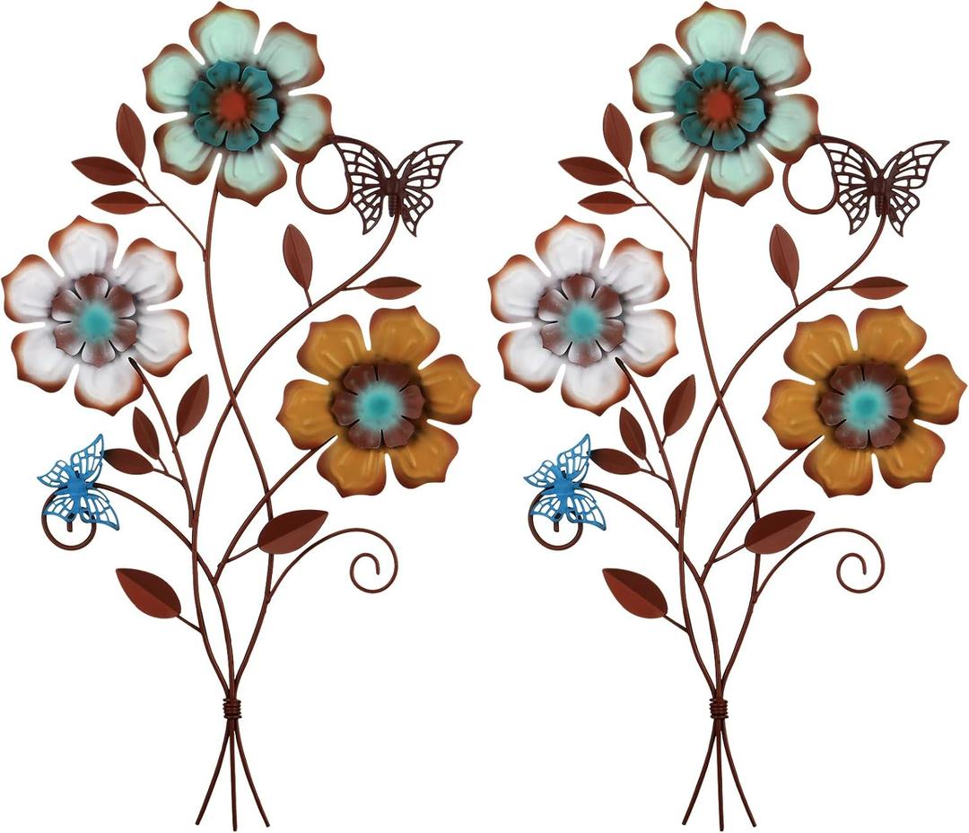Moxweyeni Tricolor Flower Wall Decor Vintage Metal Wall Art Decor Rustic Hanging Flowers Decorative Metal Floral Art for Home Living Room Bathroom Indoor Outdoor, 15 x 9.1 Inch(2 Pieces)