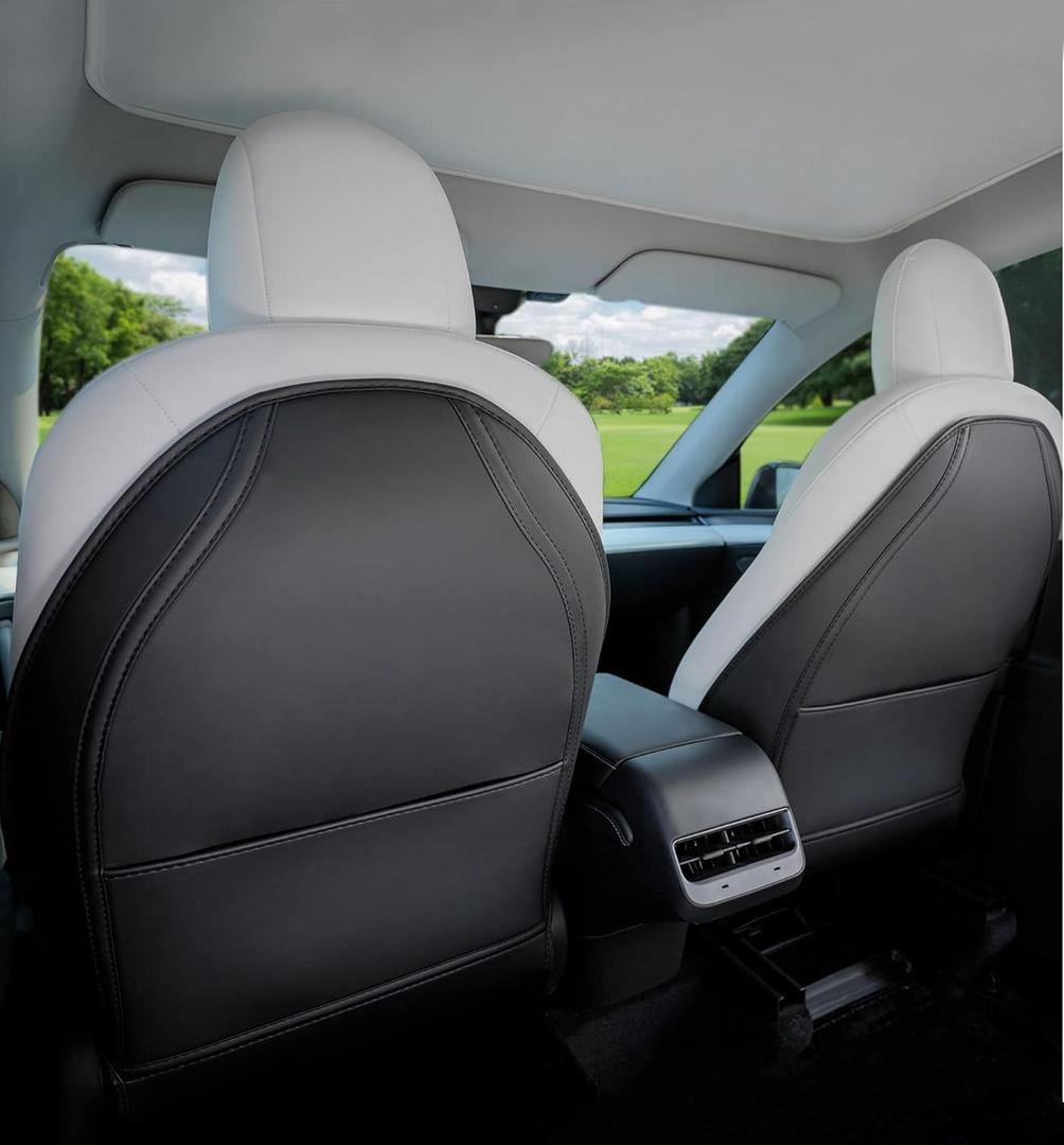 Car Seat Protectors Designed for Tesla Model Y/3 Accessories (Includes 2025 Model Y Juniper & Model 3 Highland), Wear Resistant Leather Kick Mats with More Space Pocket, Set of 2