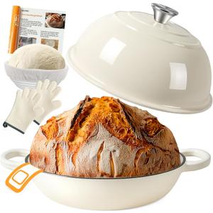 AHJ 6QT Dutch Oven For Bread Baking, Enameled Cast Iron Dutch Oven Pot with Lid, Multi-Functional Bread pan, Sourdough Baking Supplies with Proofing Basket, Cast Iron Bread Oven, Silicone Sling & Gloves. (Ivory White)