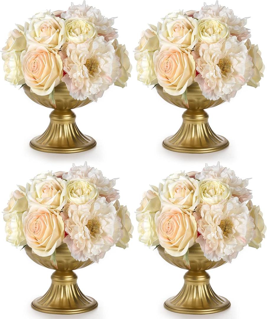 Suwimut 4 Pieces Mini Metal Urn Planter Gold Flower Vase for Centerpieces Wedding Party Decoration, 4.72 Inch Tall Trumpet Vase Flower Holder for Birthday Anniversary Ceremony