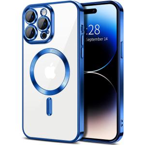 Hython Magnetic Clear for iPhone 14 Pro Max Case with Camera Lens Protector [Compatible with MagSafe] Plating Edge Slim Soft TPU Cover Protective Phone Case for iPhone 14 Pro Max 6.7", Deep Blue