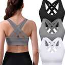 Double Couple 3 Pack Sports Bras for Women Medium Support Adjustable Padded Crossback Sports Bra for Yoga Gym (Large, Black+grey+white)