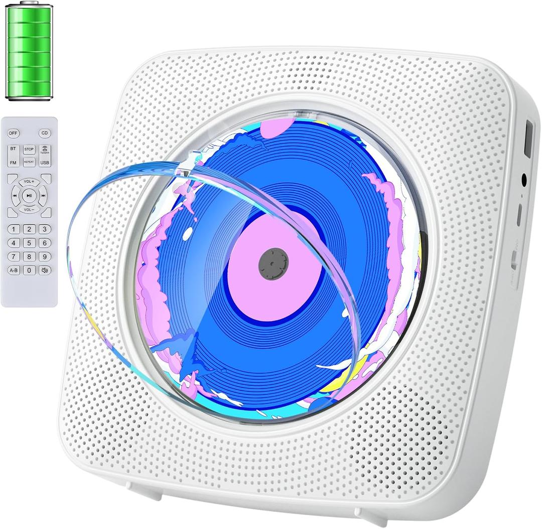 CD Player Portable Bluetooth Rechargeable: CD Players for Home with 1800mAh Kegaudio Desktop Wall CD Player with Speakers Music Player CD Boombox FM Radio USB Remote Control (White)