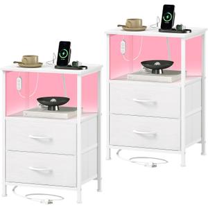 Somdot Nightstands Set of 2,End Tables with Charging Station and LED Lights,Night Stand with 2 Fabric Drawers, End Table with Open Shelf, Small Nightstand for Bedroom, White Leather, 11.8"D x 15.7"W x 23.6"H