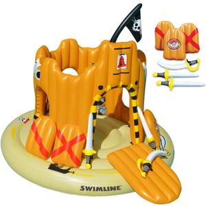 SWIMLINE Giant Inflatable Pirate Castle Pool Float For Kids And Adults Size| Floating Kingdom Raft Lounger Combo With Gate Shield Windows & Accessories For Pools Lakes Beach | Fits Up To 4 People