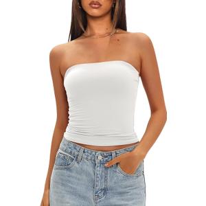Darong Womens Padded Tube Tops Bulit in Bra Strapless Crop Tops Bandeau Double Lined Basic Going Out Tank Top (Medium, White)