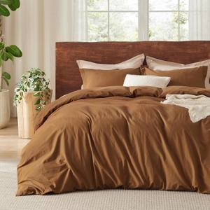 Bedsure 100% Washed Cotton Duvet Cover King Size - Brown Minimalist Cotton Duvet Cover Linen Like - 3 Pieces GentleSoft Plain Simple Bedding Set with 2 Pillow Shams (Brown, King, 104"x90") (King (104" x 90"), 06 - Argan Oil (No Comforter))