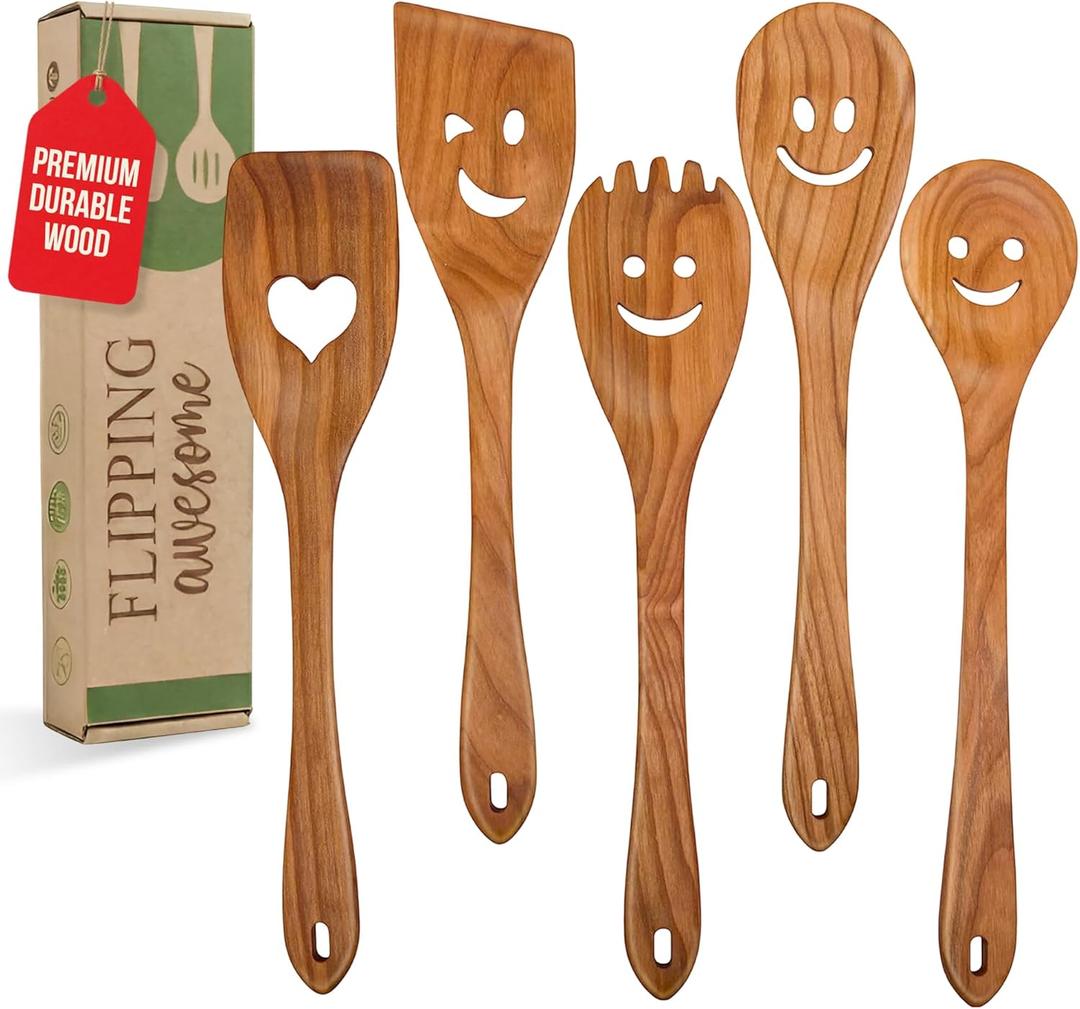 MFC 5-Piece Wooden Cooking Spoons - Kitchen Set from Natural Cherry Wood - Wooden Spoons for Cooking - Funny Utensil Set with Smiley Faces - Cooking Multipurpose Wood Utensils