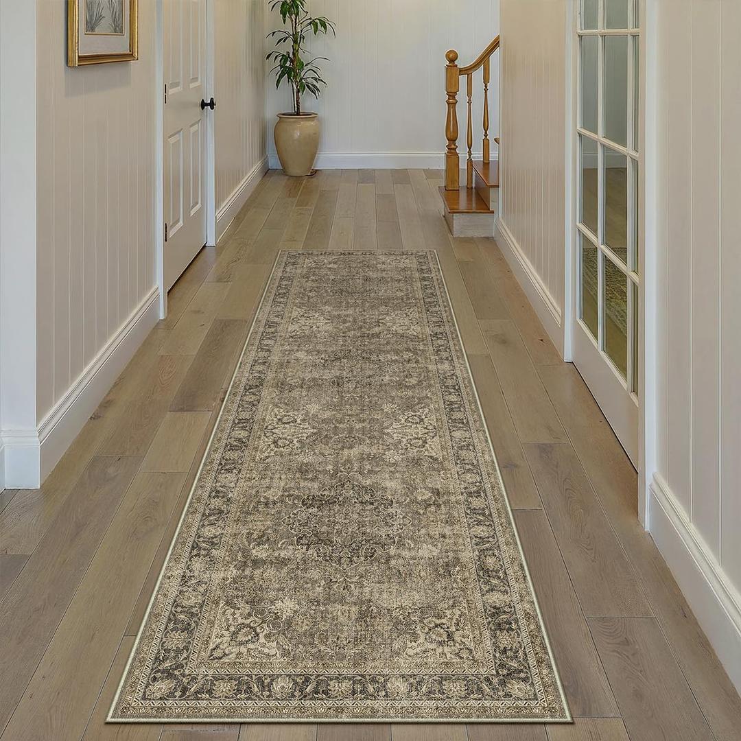 2x8 Washable Runner Rug Brown Vintage Non Slip Soft Low Pile Hallway Kitchen Rug Distressed Oriental Carpet for Laundry Bathroom Bedroom Living Room Home Decor