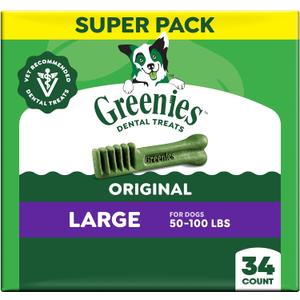 Greenies Veterinarian-Recommended Adult Natural Dental Dog Treats Large Size, Dog Dental Chews, Original Flavor, 54 oz. Pack, 34 Count (EXP 10/24/25)