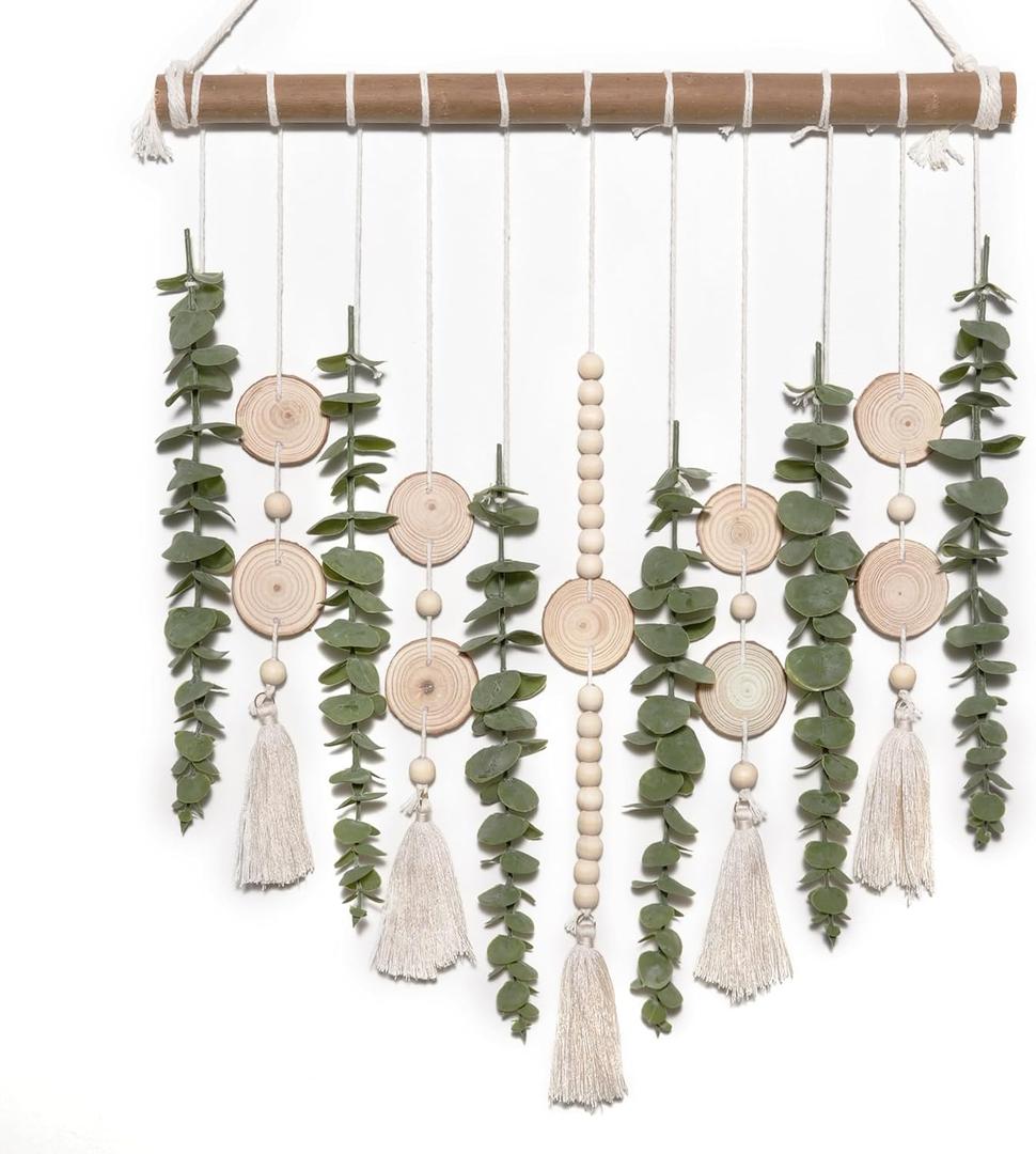 Artificial Eucalyptus Wall Hanging Decor Fake Plant Greenery Leaves Chip Strands Beads Garland on 16.5 inch Stick Boho Rustic Farmhouse Nature Bathroom Bedroom Living Room Decorations