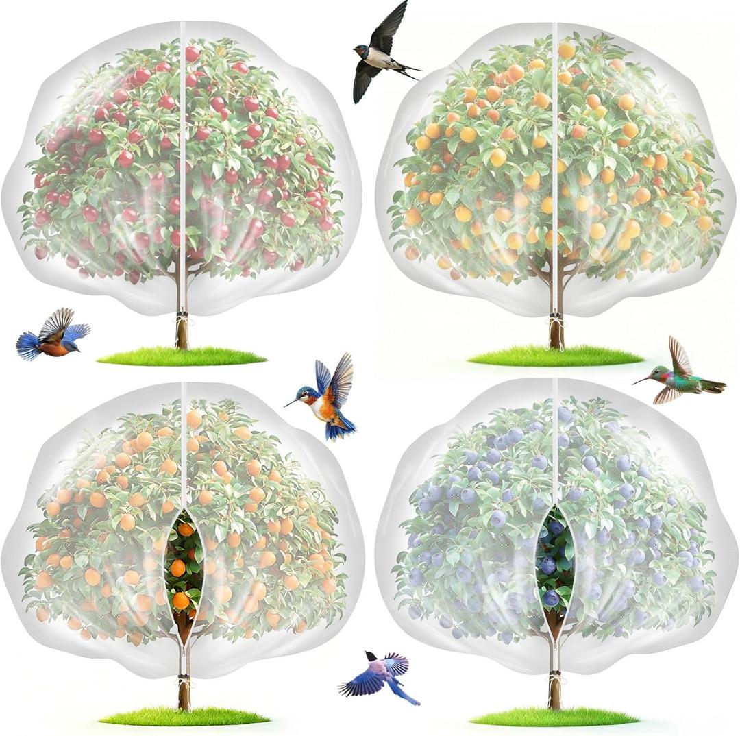 4-Pack 12x10FT Fruit Tree Netting Bags, Bird Netting Safeguard Apple Trees and Blueberry Bushes from Birds, Pest and Deer, Cicadas Netting Cover with Zipper and Drawstring