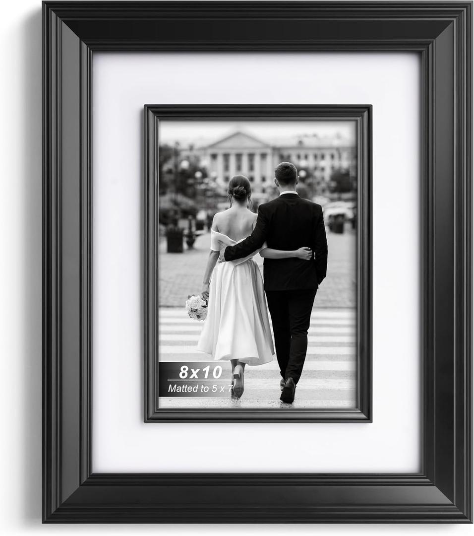 Yaetm 8x10 Black Picture Frame with Decorative Inner Frame & Tempered Glass, Display 5x7 Photos with Mat - Portrait or Landscape - Tabletop & Wall Mount for Office & Home Dcor (Black, Single)