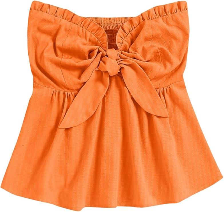SOLY HUX Women's Frill Trim Tie Front Tube Top Sleeveless Strapless Ruffle Summer Tops, Plai Orange, Small