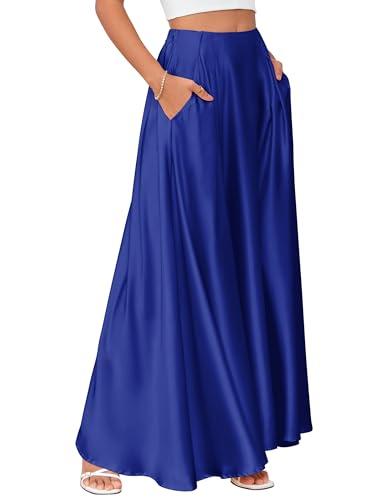 MAKABO Maxi Satin Navy Blue Skirts for Women Winter, Flowy A line Skirt High Waisted Elegant for Office Business Party, L