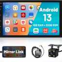 Hikity Android 13 Double Din Car Stereo 7 Inch Touch Screen Car Radio GPS Navigation WiFi Bluetooth FM Radio Mirror Link for iOS/Android Phones, with 12 Led Lights AHD Rear View Camera Mic