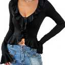 Women Going Out Tops Ruffle Trim Button Front Deep V-NeckFlared Sleeve Long Shirt Y2k Crop Top (X-Large, Black)
