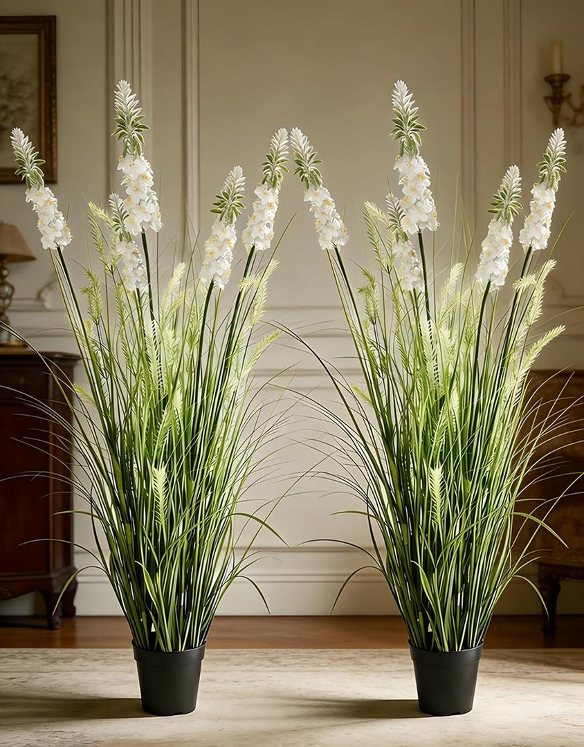 Artificial Grass Plant with White Delphinium Silk Flowers 4ft 2-Pack, Fake Ornamental Onion Grass in Pot, 48in Tall Floor Grass Plants for Decor, Indoor Decorative Flowers & Plants