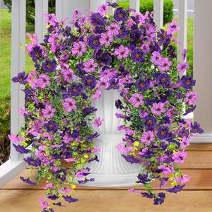 Artificial Fake Hanging Flowers Plants for Outdoor Outside Spring Summer Decoration 2PCS Faux Silk UV Resistant Realistic Mums Daisy with Eucalyptus for Home Porch Patio Balcony(Purple & Magenta)