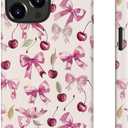 for iPhone 16 Pro Case Cute - Wireless Charging Compatible - Dual-Layer Hard Shell + Silicone Cover - Aesthetic Protective Trendy Phone Case for Women - Coquette Cherry & Bows Ribbons