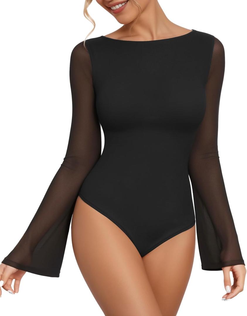 MANGOPOP Women's Boat Neck Bell Sleeve Bodysuit Sexy Sheer Mesh Double Lined Body Suits Going Out Tops (Black, X-Large)