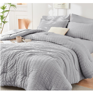 HYMOKEGE Light Grey Queen Comforter Set Seersucker 7 Pieces, All Season Luxury Bed in a Bag for Bedroom, Bedding Set with Comforters, Sheets, Pillowcases & Shams 