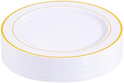 bUCLA 30PCS White and Gold Plastic Dinner Plates Disposable - 10.25inch Premium White Gold Rim Weddings and Party Plates