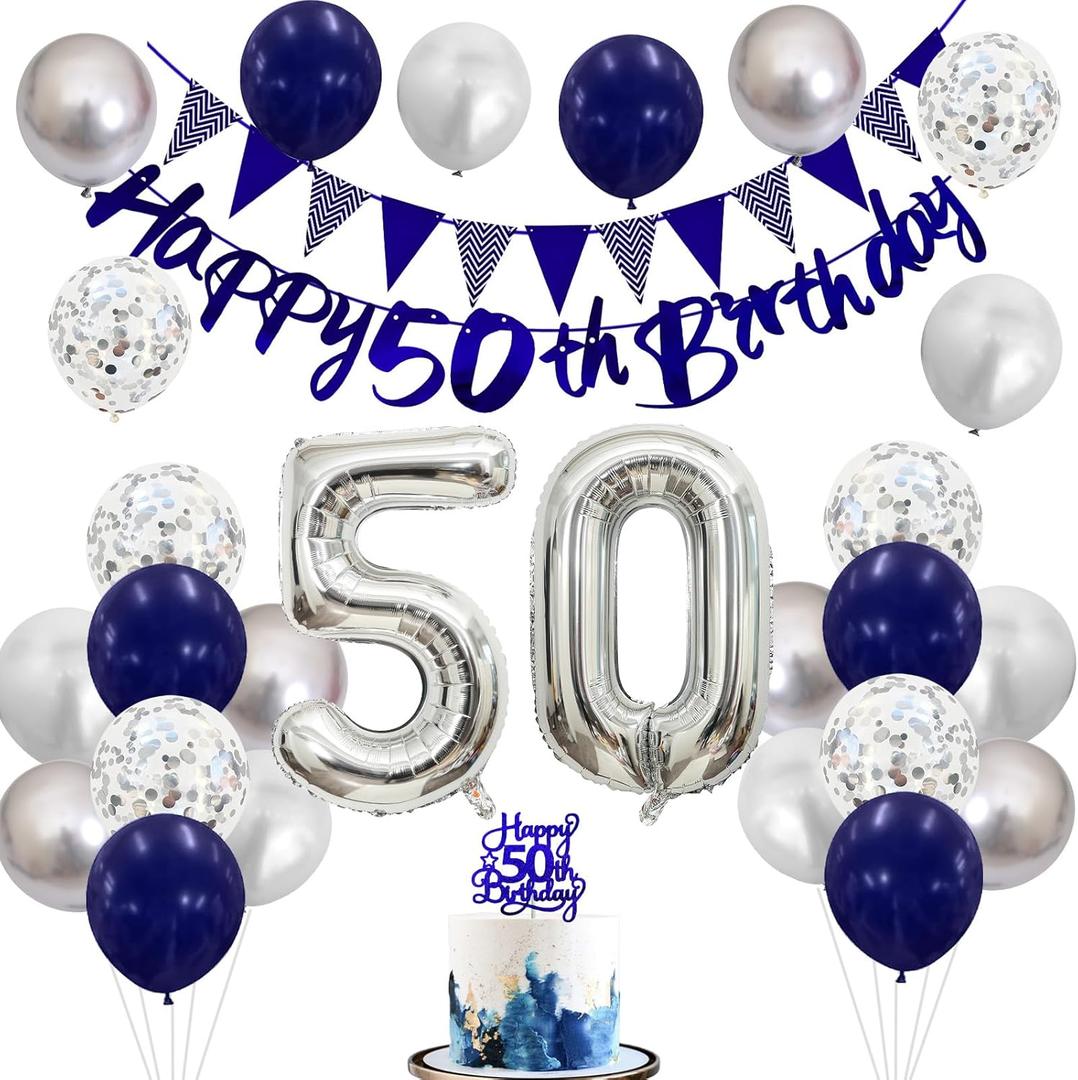50th Birthday Decorations for Men Women, Black Silver White 50th Birthday Balloons, Black Happy 50th Banner Cake Topper Number 50 Balloon for 50 Year Old Party Decoration