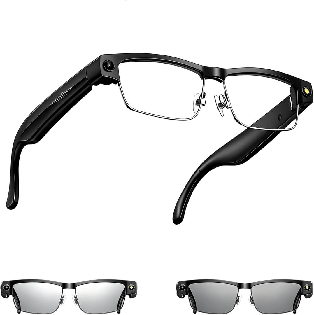 AI Smart Glasses with Camera, 8MP HD Video Recording, Real-Time Translation, Voice Assistant, Open-Ear Audio, Metal Frame, Auto Color-Changing Lenses for Travel & Vlogging