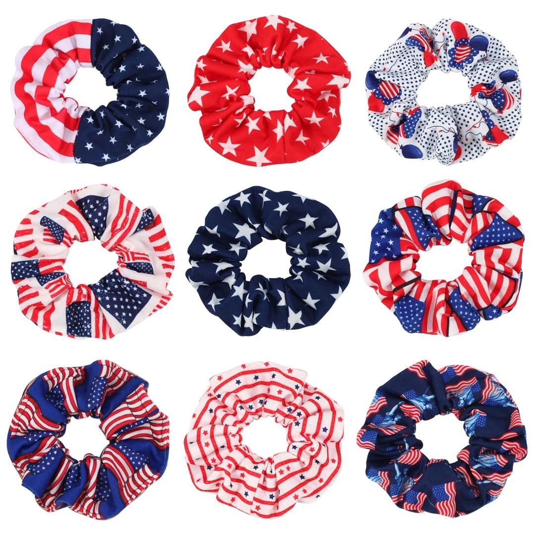 9PCS USA American Flag Hair Scrunchies for Women Girls Independence Day Patriotic Red White Blue Hair Ties Fourth of July Festival Ponytail Holder Hair Accessories Elastic Hair Band