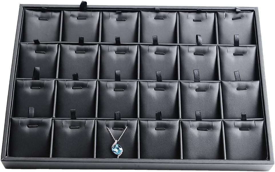 Oirlv Black Leather 24 Grid Jewelry Insert Tray Necklace Pendant Display Tray Jewelry Drawer OrganizerPack of 1 (24 Grid with Removable Cards)