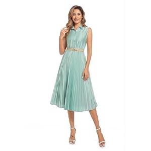 AbleTree Women's Satin Midi Dress Sleeveless Elegant Shirt Collar Pleated A Line Dress with Belt for Office Work Business Casual Wedding Guest Party Sage Green XXL
