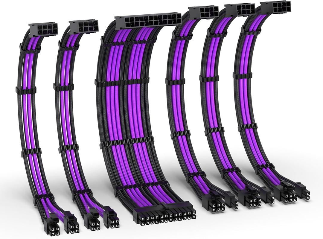 EZDIY-FAB PSU Cable Extension Kit,16AWG Power Supply Extension Cable,1x24Pin/2x4+4 EPS/3x6+2 PCI-E,Custom PC Sleeve Cable 300MM with Combs-Black Purple