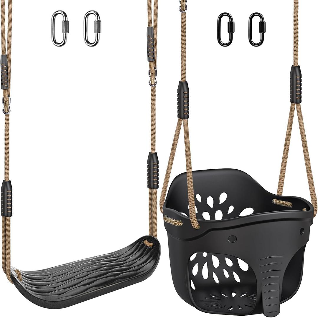 Dolibest Heavy Duty High Back Full Bucket Toddler Swing Set with Adjustable Rope & Locking Carabiners High Back Bucket Seat and Non-Slip U-Shape Swing seat for Indoor/Outdoor Backyard Play -Black