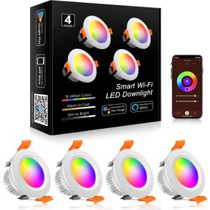 YGS-Tech Smart 2 Inch LED Recessed Lighting RGB WiFi Downlight, 5W Compatible with Alexa and Google Home, Dimmable RGB & CCT 2700-6500K Color Changing, 120V Ceiling Light with LED Driver (4 Pack) (RGB (Red, Green, Blue))