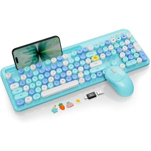 Wireless Keyboard and Mouse Combo, Retro Round Keycaps, Full-Size Cute Typewriter Keyboard with Large Phone/Tablet Holder, Auto-Sleep, 2.4GHz Cordless Connection for Windows/PC/Laptop (Sky Blue)