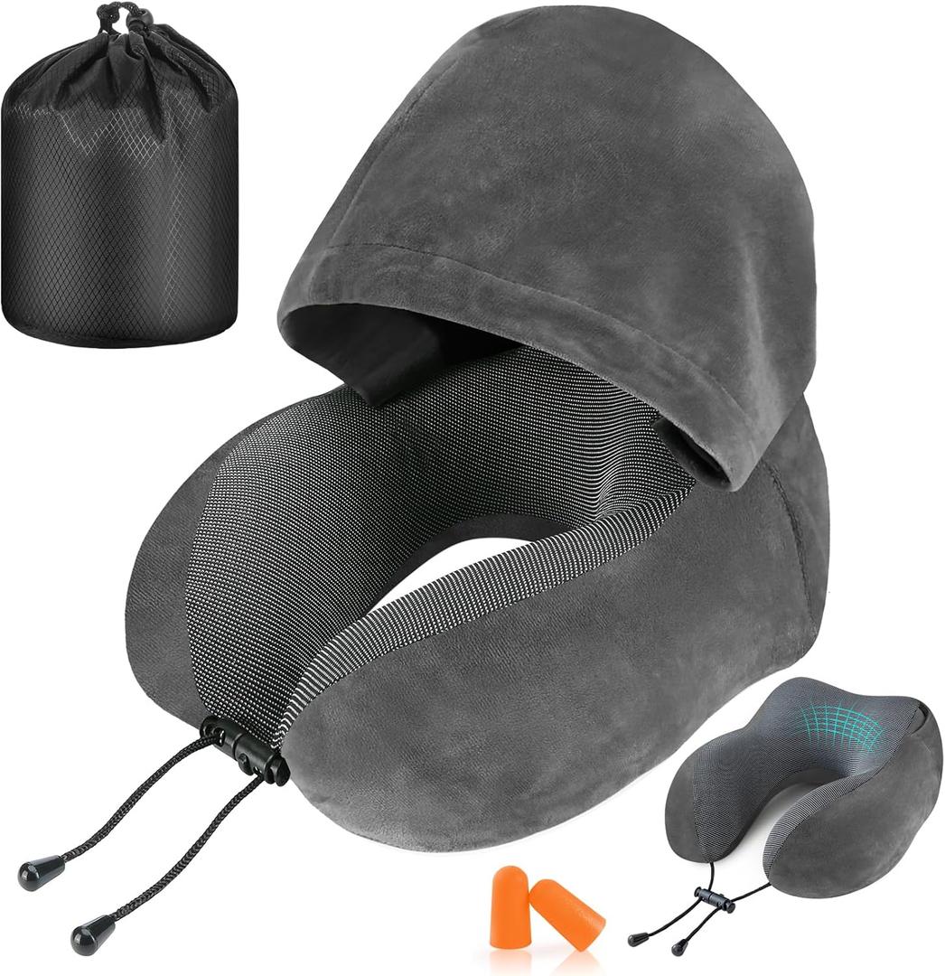 Travel Pillow, Neck Pillow for Travel with Hood for Airplane, Velvet Memory Foam Neck Pillow Adult Head & Neck Support, for Long Flights Plane, Office, Cars Sleeping & Rest (Grey)
