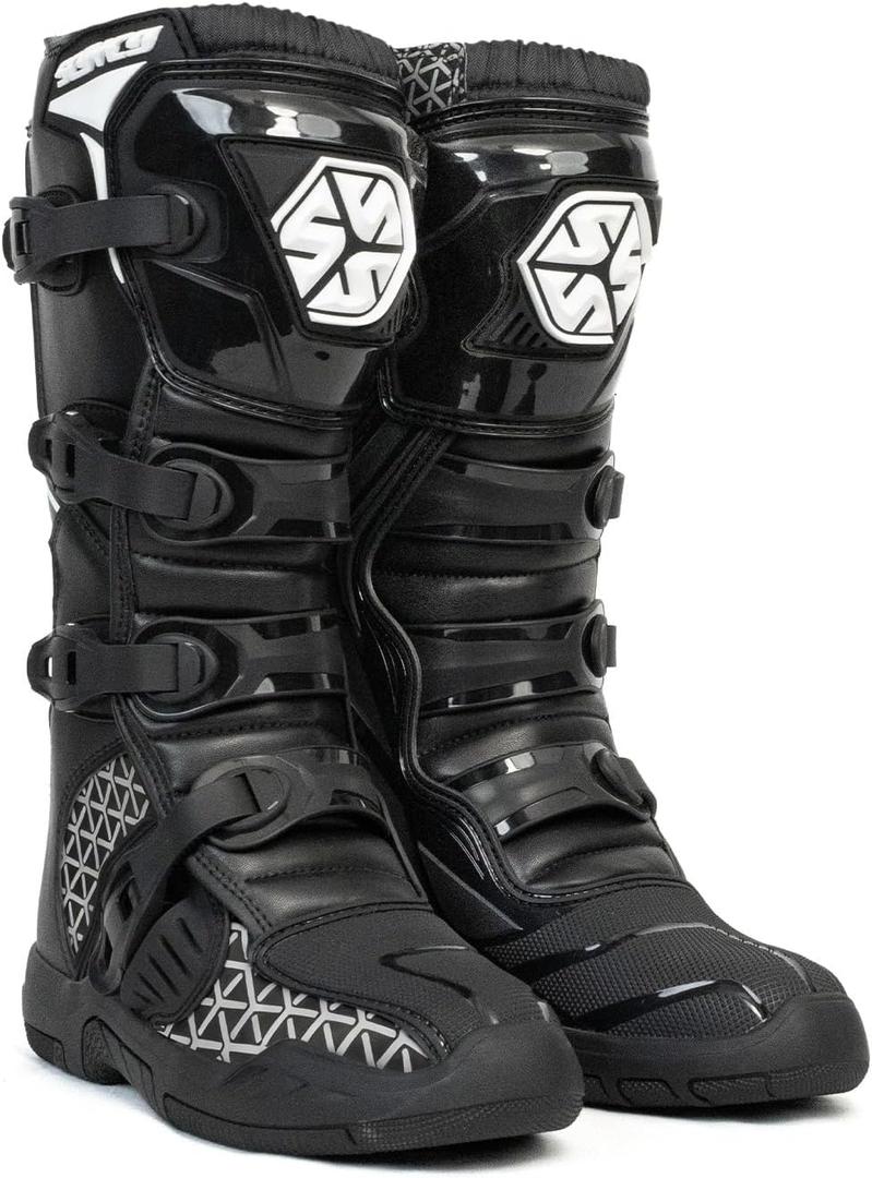 Scoyco Dirt Bike Boots for Men, Enduro Motocross Boots with Shin Guard & Ankle TPU Protection Full Leather Off-road Riding Boots (10, Black)