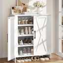 Farmhouse Shoe Storage Cabinet with Doors, 5-Tier Wooden Shoe Cabinet Organizer with 3 Adjustable Shelves, Shoe Rack Shoe Cabinet for Entryway, Hallway, White, 13.8"D x 27.6"W x 31.5"H